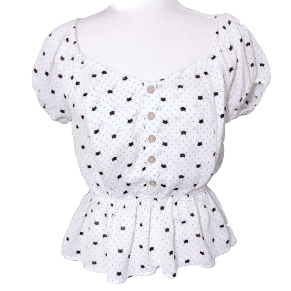 Cute Black & White Cat Low Shoulder Blouse L/XL
